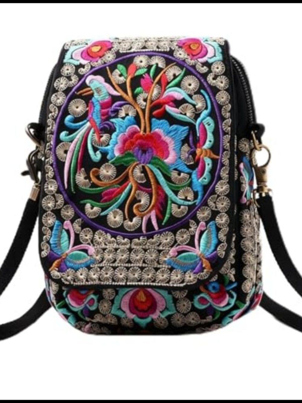 Embroidered Small Crossbody Cell Phone Purse Vintage Wallet 3 Compartments